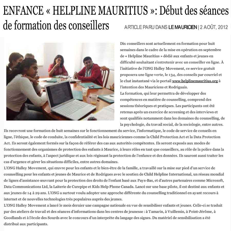 Enfance Helpline Mauritius: Début des séances de formation des conseillers