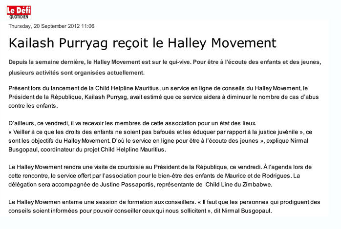 Kailash Purryag reçoit le Halley Movement
