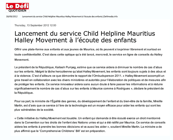 Lancement du service Child Helpline Mauritius Halley Movement à l'écoute des enfants